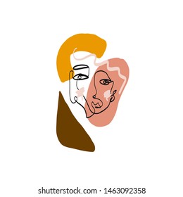 Creative abstract composition with one line continuous face portrait, colorful shapes. Freehand art. 