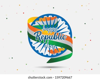 Creative Abstract Design Of Ashoka Wheel With Indian tricolor flag ribbon around it. Happy Republic Day.