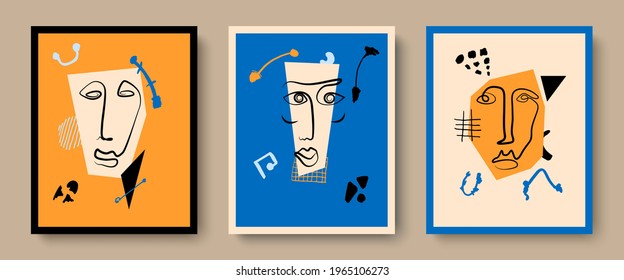Creative abstract design cards with freehand elements, faces in continuous line drawing.For social networks, illustrations of posters, postcards, wall art.