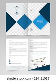 Diseño creativo abstracto decorado profesional de dos páginas Business Brochure, Flyer, Banner o Template con la ilustración de un humano trabajando en un dispositivo digital.