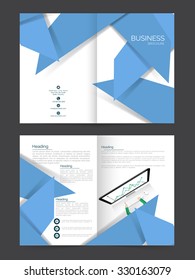 Creative abstract design decorated professional Two page Business Brochure, Flyer, Banner or Template with illustration of a human working on desktop.