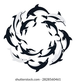 A creative abstract design featuring a circle of dolphins swimming together. This graphic symbolizes unity and marine life, suitable for logos, web design, and environmental themes.