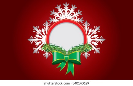 Creative abstract design with snowflake and room or space for your text or logo in the circle with green ribbon banner and fir-tree leaves