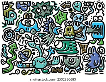 Creative abstract doodle art with an offset effect, showcasing quirky and playful characters, symbols, and objects in vibrant colors on a white background.
