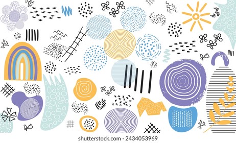 Creative abstract doodle style drawing background for  trendy design with basic shapes and geometric elements. Trendy graphic resources for background, cover, social media and more. 