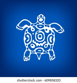 Creative abstract drawing in ethnic style. Hand drawn vector illustration of white turtle on blue background. 