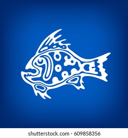 Creative abstract drawing in ethnic style. Hand drawn vector illustration of fish on blue background. 
