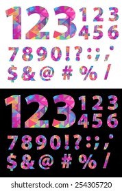 Creative, Abstract, EPS10 Vector, Colorful Numbers Set with Punctuation in Modern Mosaic and Polygonal Crystal Style, Isolated on White and Black Backgrounds