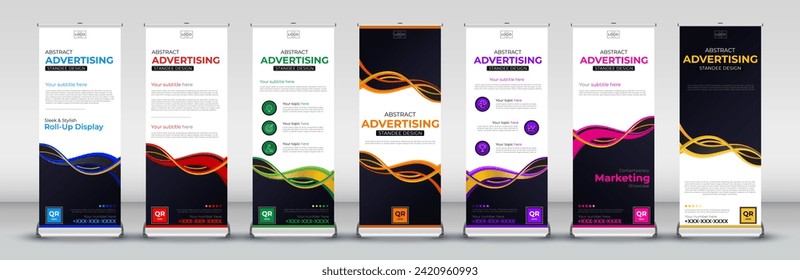 Creative abstract Exhibition Advertising Trend Business Roll Up Banner for Stand Poster Brochure flat design template creative concept in blue, red, green, orange, purple, pink and yellow print colors