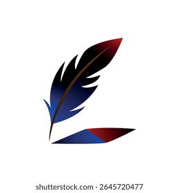 Logotipo de caneta de pena abstrato criativo com um design gradiente vermelho e azul. Elegante símbolo de escrita, literatura, educação e publicação. Perfeito para marcas de escritor, editoras, ônibus relacionado a livros