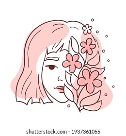Kreatives abstraktes weibliches Gesicht mit blühenden Blütenelementen in doodle Line Zeichnen. Der moderne Frühling der Frauen, Sommer Porträts im Stil des Minimalismus. Vektorgrafik für Karte, Poster, Broschüre