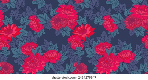 Creative abstract flowers and leaves seamless pattern. Vector hand drawn. Blooming red floral and leaf on a dark blue background. Stylized botanical illustration printing. Design for fashion, textile