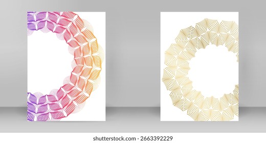 Creative abstract flyer or brochure cover with circular line pattern and modern color gradient. Multipurpose A4 layout for report, tech branding, or promotional event presentatio