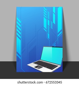 Creative abstract Flyer layout with illustration of an open laptop for Business concept.