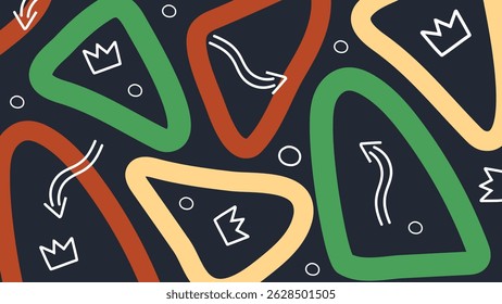 Creative abstract forms in green, pink, and orange with playful white eyelashes on a dark base. Bold, artsy, and modern doodle artwork.