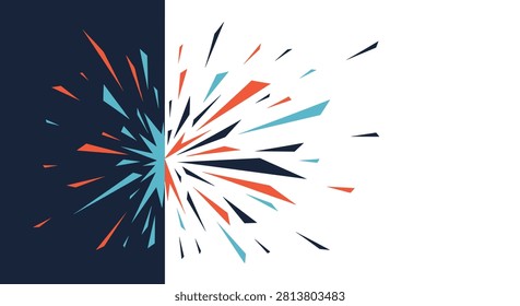 Creative abstract geometric background with blue and orange explosion splinters on split dark and light background.