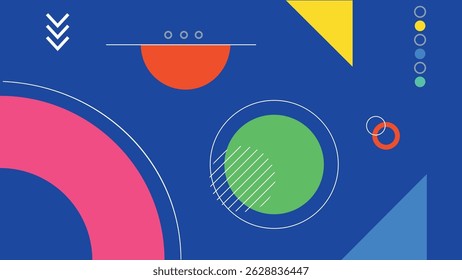 Creative abstract geometric background with colorful circles, triangles, arrows, and minimalistic playful shapes on a deep vivid blue canvas.