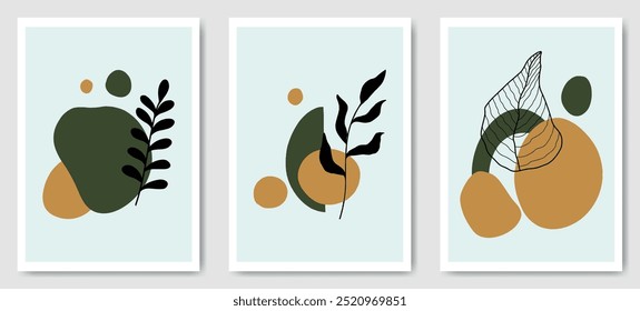 Kreative abstrakte geometrische böhmische Mitte des Jahrhunderts Stil Hintergrundkollektion. Handgezeichnete minimalistische Pflanzenzweigkunst, tropisches Blatt natürliche Formen in flachem künstlerischem Design für Abdeckung, Poster, Wanddekoration