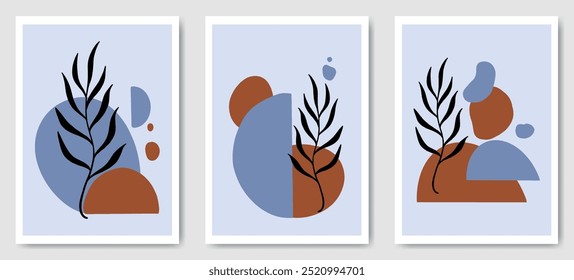 Colección de fondo de estilo bohemio bohemio abstracto creativo de mediados de siglo. Dibujado a mano rama de planta minimalista, hoja tropical Formas naturales en diseño artístico plano para la cubierta, cartel, decoración de la pared