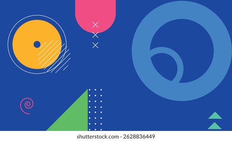 Creative abstract geometric design with colorful circles, triangles, spirals, and minimal modern elements on a vivid blue background.