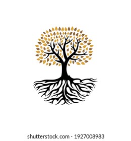 Creative abstract green tree with roots vector logo design template. 