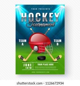 Creative abstract Hockey Tournament template or flyer design with hockey helmet and stick illustration on night view stadium background.