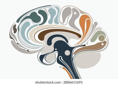 Creative abstract illustration of a human brain using flowing organic shapes and a diverse color palette to represent mental activity.