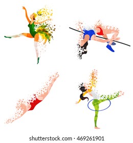 Creative abstract illustration of Samba Dancer, High Jump Athlete, Swimmer and Gymnastics Player on white background for Sports concept.