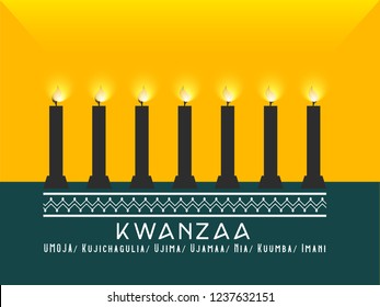 Creative abstract for Kwanzaa with creative design, Translation Umoja=Unity, Kujichagulia=Self-Determination, Ujima=Responsibility, Ujamaa=Economics, Nia=Purpose, Kuumba=Creativity, Imani=Faith.