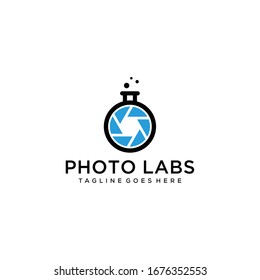 Creative abstract labs with lens photography sign logo design icon template. 
