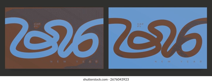 Kreative abstrakte Linientypografie für Frohes Neues Jahr 2026 mit fließenden Formen in Blau- und Brauntönen. Minimalistisches und modernes Design, ideal für festliche Karten, Poster und Banner
