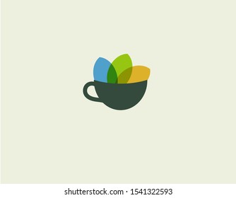 Creative abstract logo icon mug with leaves inside tea for company or store