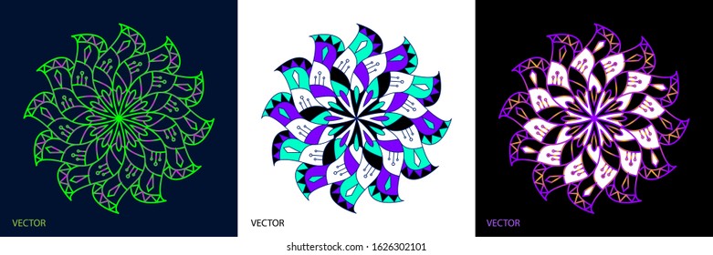 Creative abstract of Mandala Art ornamental circle with geometry shapes in colorful and gradient. 3 set of cards vector illustration design.