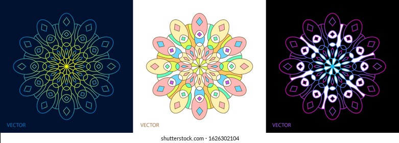 Creative abstract of Mandala Art ornamental circle with geometry shapes in colorful and gradient. 3 set of cards vector illustration design.