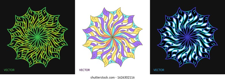 Creative abstract of Mandala Art ornamental circle with geometry shapes in colorful and gradient. 3 set of cards vector illustration design.