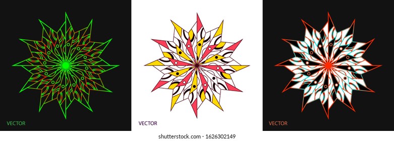 Creative abstract of Mandala Art ornamental circle with geometry shapes in colorful and gradient. 3 set of cards vector illustration design.