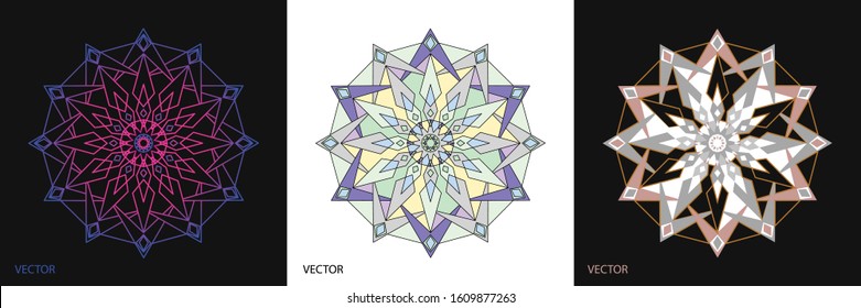 Creative abstract of Mandala ornamental circle with geometry shapes in colorful and gradient. 3 set of cards vector illustration design.