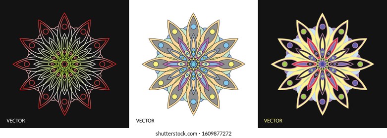 Creative abstract of Mandala ornamental circle with geometry shapes in colorful and gradient. 3 set of cards vector illustration design.