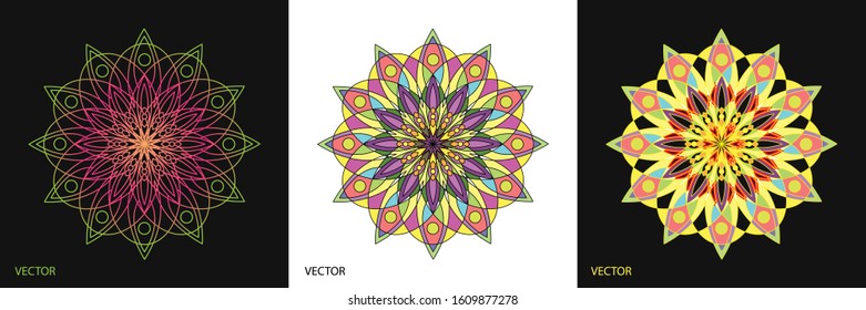 Creative abstract of Mandala ornamental circle with geometry shapes in colorful and gradient. 3 set of cards vector illustration design.