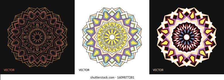 Creative abstract of Mandala ornamental circle with geometry shapes in colorful and gradient. 3 set of cards vector illustration design.