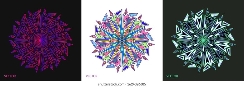 Creative abstract of Mandala ornamental circle with geometry shapes in colorful and gradient. 3 set of cards vector illustration design.