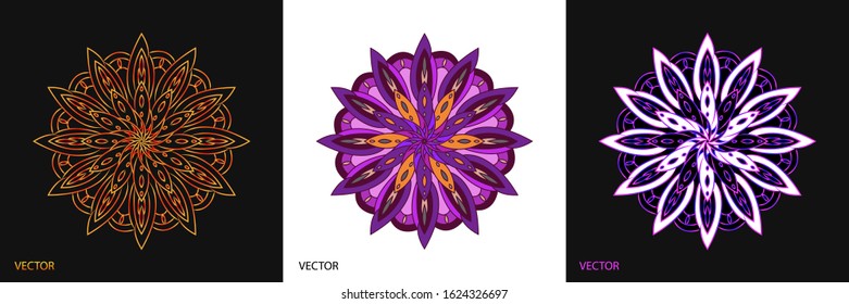 Creative abstract of Mandala ornamental circle with geometry shapes in colorful and gradient. 3 set of cards vector illustration design.