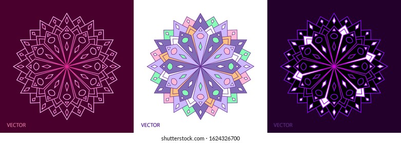 Creative abstract of Mandala ornamental circle with geometry shapes in colorful and gradient. 3 set of cards vector illustration design.