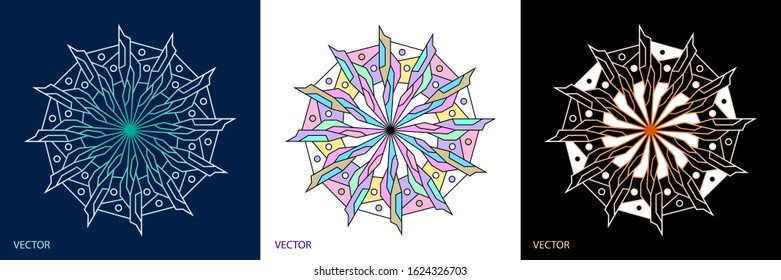 Creative abstract of Mandala ornamental circle with geometry shapes in colorful and gradient. 3 set of cards vector illustration design.