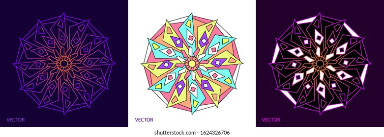 Creative abstract of Mandala ornamental circle with geometry shapes in colorful and gradient. 3 set of cards vector illustration design.