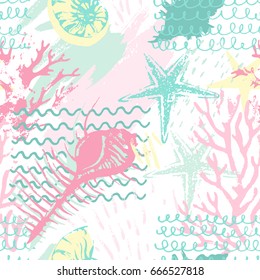 Creative abstract marine seamless pattern. Vector sea life background with shabby corals, distorted sea star, grunge texture, splatter, rough brush strokes. Hand drawn art illustration