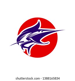 Creative Abstract Marlin Fish Logo Design Illustration in the red circle
