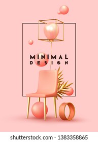 Creative Abstract Minimal background. Realistic design 3d objects of different shapes, pink chair and golden palm branch leaves, coral sphere, ball round, balloons rose color. vector illustration
