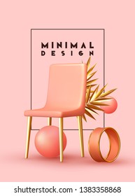 Creative Abstract Minimal background. Realistic design 3d objects of different shapes, pink chair and golden palm branch leaves, coral sphere, ball round, balloons rose color. vector illustration