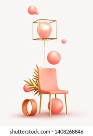 Creative Abstract Minimal background. Realistic design 3d objects of different shapes, pink chair and golden palm branch leaves, coral sphere, ball round, balloons rose color. vector illustration